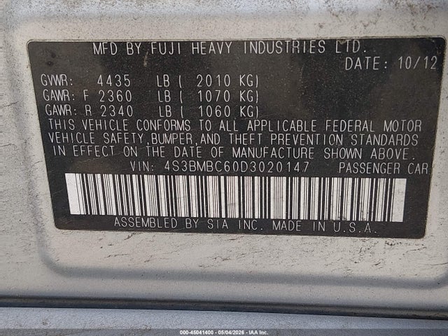 Aukcja sprzedaży 2013 Subaru Legacy 2.5i Premium, vin: 4S3BMBC60D3020147, numer aukcji: 45041400