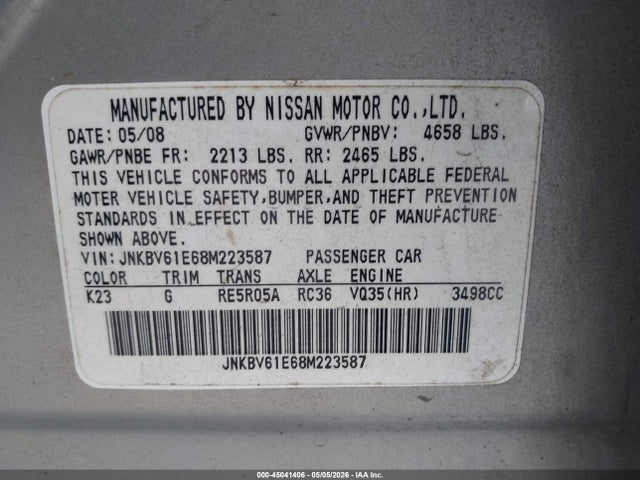 Aukcja sprzedaży 2008 Infiniti G35, vin: JNKBV61E68M223587, numer aukcji: 45041406