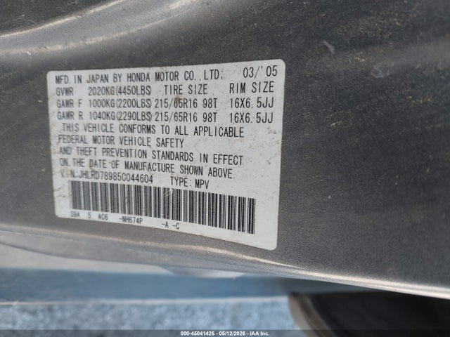 Aukcja sprzedaży 2005 Honda Cr-v Se, vin: JHLRD78985C044604, numer aukcji: 45041426