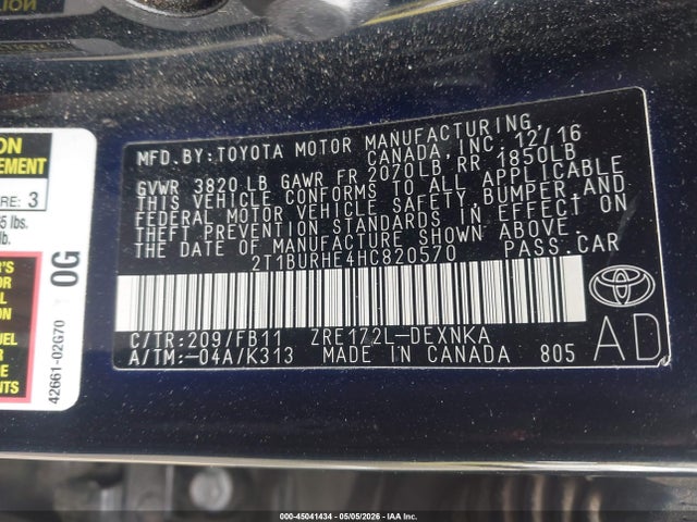 45041434 :رقم المزاد ، 2T1BURHE4HC820570 vin ، 2017 Toyota Corolla Le مزاد بيع