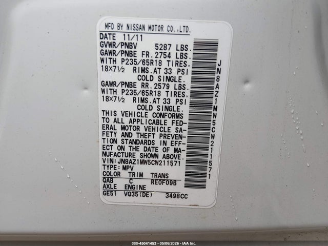 Aukcja sprzedaży 2012 Nissan Murano S, vin: JN8AZ1MW5CW211571, numer aukcji: 45041453