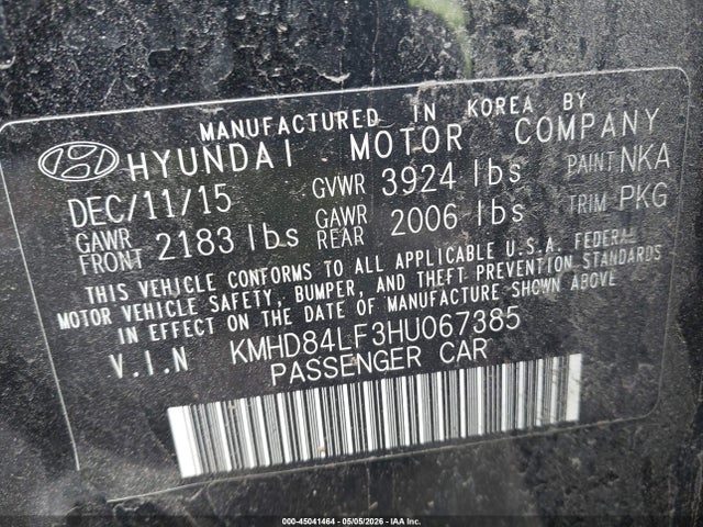 45041464 :رقم المزاد ، KMHD84LF3HU067385 vin ، 2017 Hyundai Elantra Se مزاد بيع