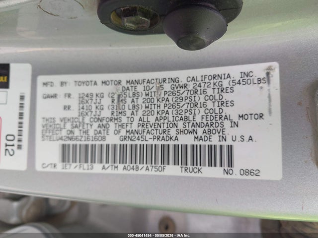 Aukcja sprzedaży 2006 Toyota Tacoma Base V6, vin: 5TELU42N66Z161608, numer aukcji: 45041494
