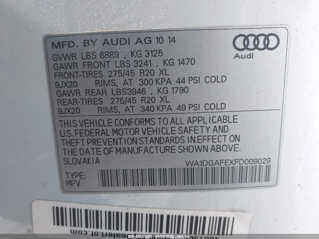 2015 Audi Q7 3.0t S Line Prestige მანქანა იყიდება აუქციონზე, vin: WA1DGAFEXFD009029, აუქციონის ნომერი: 45041495