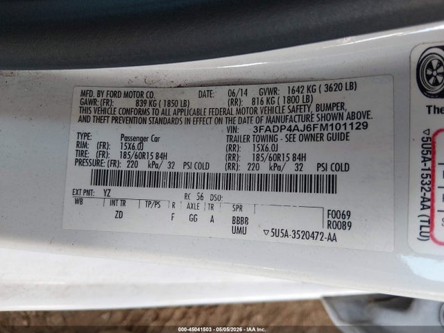 45041503 :رقم المزاد ، 3FADP4AJ6FM101129 vin ، 2015 Ford Fiesta S مزاد بيع