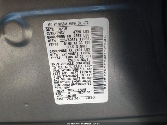 JN8AT2MV4KW378789 Nissan ROGUE SV