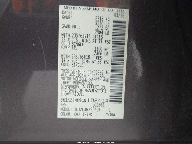 45041507 :رقم المزاد ، 5N1AZ2MG9GN108414 vin ، 2016 Nissan Murano Sl مزاد بيع