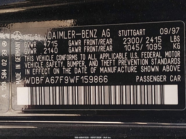 45041520 :رقم المزاد ، WDBFA67F9WF159866 vin ، 1998 Mercedes-benz Sl 500 مزاد بيع