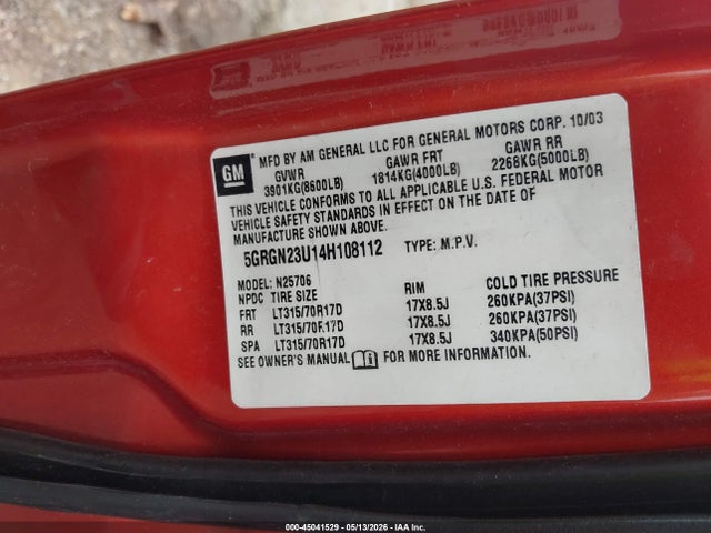 Продажа на аукционе авто 2004 Hummer H2, vin: 5GRGN23U14H108112, номер лота: 45041529