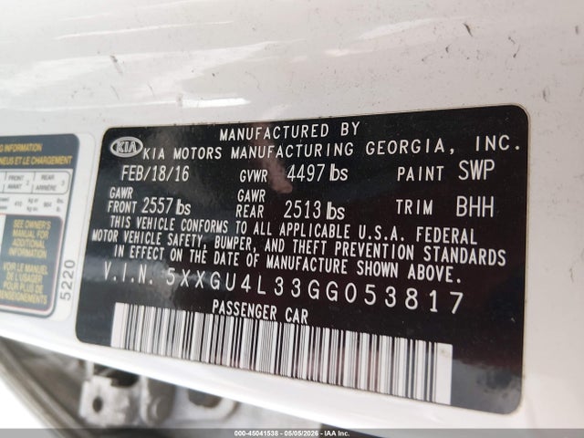Продаж на аукціоні авто 2016 Kia Optima Ex, vin: 5XXGU4L33GG053817, номер лоту: 45041538