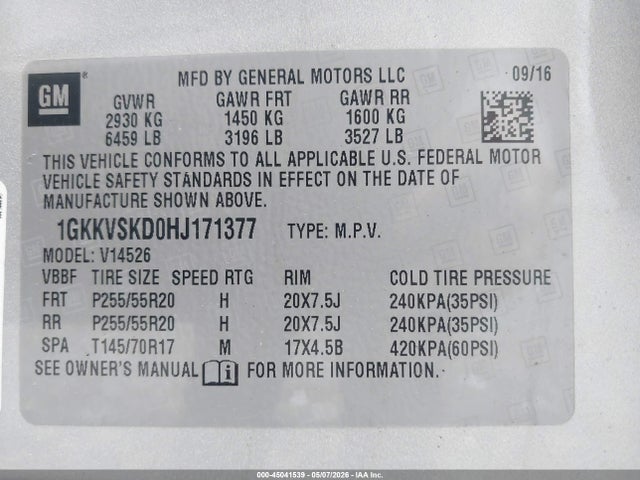 Aukcja sprzedaży 2017 Gmc Acadia Limited, vin: 1GKKVSKD0HJ171377, numer aukcji: 45041539