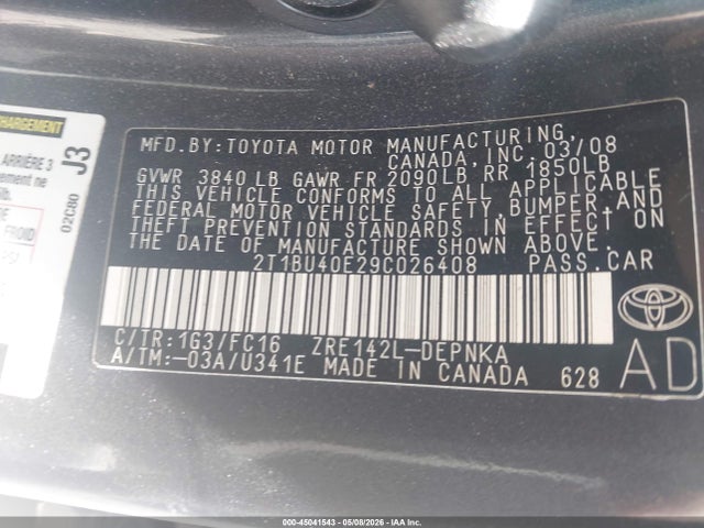 2009 Toyota Corolla Xle მანქანა იყიდება აუქციონზე, vin: 2T1BU40E29C026408, აუქციონის ნომერი: 45041543