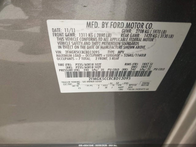 45041546 :رقم المزاد ، 2FMGK5CC8CBD13095 vin ، 2012 Ford Flex Sel مزاد بيع