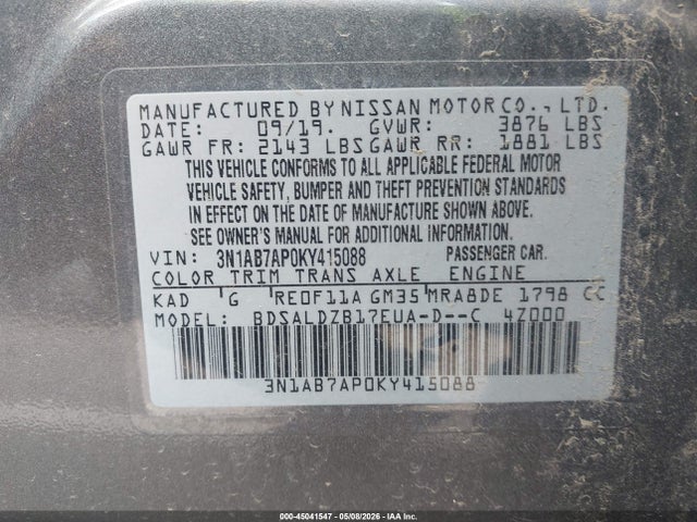 Продаж на аукціоні авто 2019 Nissan Sentra Sv, vin: 3N1AB7AP0KY415088, номер лоту: 45041547