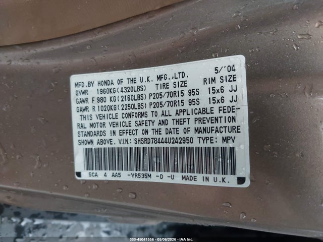 45041556 :رقم المزاد ، SHSRD78444U242950 vin ، 2004 Honda Cr-v Lx مزاد بيع