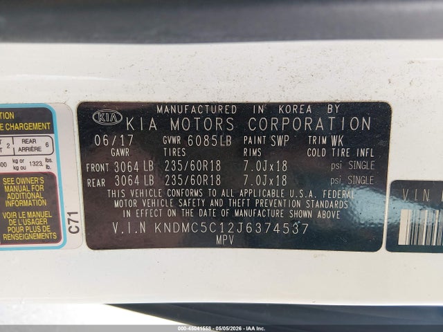KNDMC5C12J6374537 KIA Sedona Sx