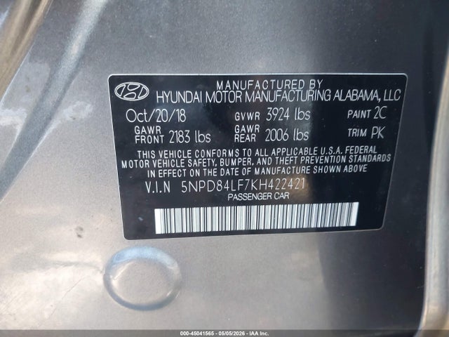 45041565 :رقم المزاد ، 5NPD84LF7KH422421 vin ، 2019 Hyundai Elantra Sel مزاد بيع
