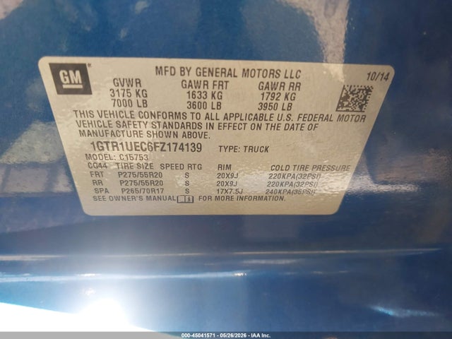 2015 Gmc Sierra 1500 Sle მანქანა იყიდება აუქციონზე, vin: 1GTR1UEC6FZ174139, აუქციონის ნომერი: 45041571