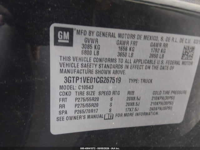 2012 Gmc Sierra 1500 Sle მანქანა იყიდება აუქციონზე, vin: 3GTP1VE01CG267519, აუქციონის ნომერი: 45041572
