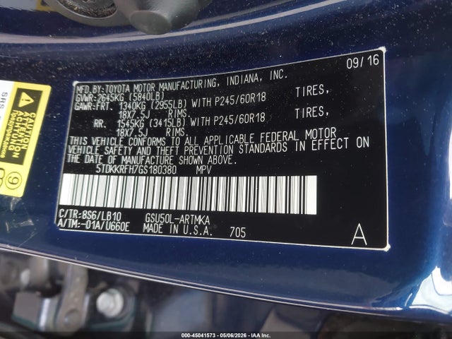 Auction sale of the 2016 Toyota Highlander Xle V6, vin: 5TDKKRFH7GS180380, lot number: 45041573