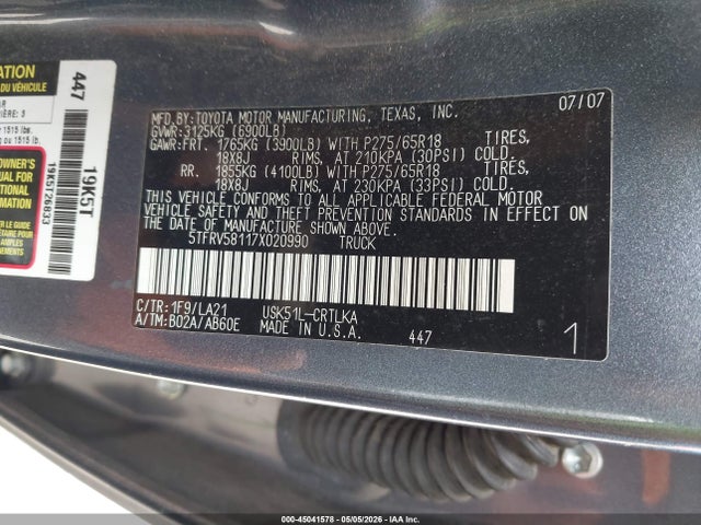 2007 Toyota Tundra Limited 5.7l V8 მანქანა იყიდება აუქციონზე, vin: 5TFRV58117X020990, აუქციონის ნომერი: 45041578