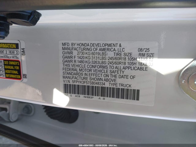 45041583 :رقم المزاد ، 5FPYK3F57SB048334 vin ، 2025 Honda Ridgeline Rtl مزاد بيع