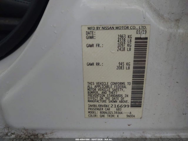 2019 Nissan Altima 2.5 S მანქანა იყიდება აუქციონზე, vin: 1N4BL4BV8KC216699, აუქციონის ნომერი: 45041590