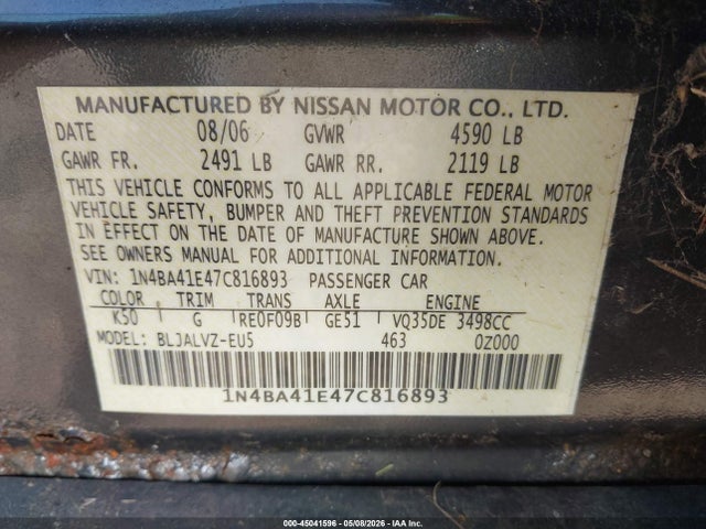 2007 Nissan Maxima 3.5 Se მანქანა იყიდება აუქციონზე, vin: 1N4BA41E47C816893, აუქციონის ნომერი: 45041596
