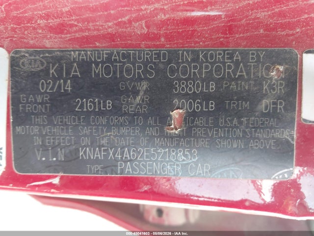 2014 Kia Forte Lx მანქანა იყიდება აუქციონზე, vin: KNAFX4A62E5218853, აუქციონის ნომერი: 45041603