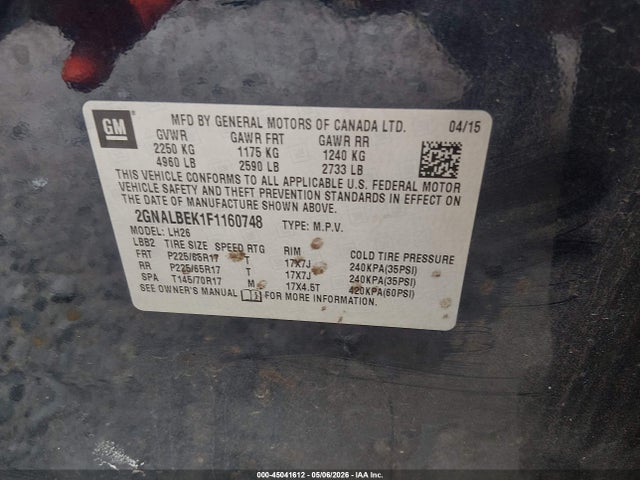 2GNALBEK1F1160748 Chevrolet EQUINOX 1LT