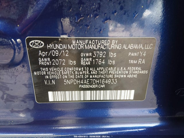 2013 Hyundai Elantra Gls მანქანა იყიდება აუქციონზე, vin: 5NPDH4AE7DH164933, აუქციონის ნომერი: 45041613