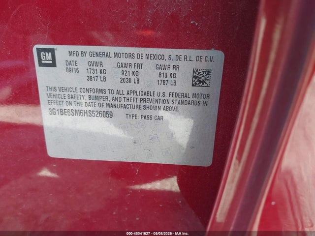 3G1BE6SM6HS526059 Chevrolet Cruze Lt Auto
