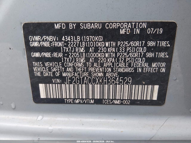 Aukcja sprzedaży 2019 Subaru Crosstrek 2.0i Premium, vin: JF2GTACCXKH364529, numer aukcji: 45041636