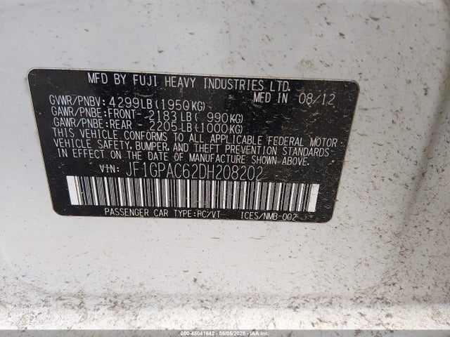 2013 Subaru Impreza 2.0i Premium მანქანა იყიდება აუქციონზე, vin: JF1GPAC62DH208202, აუქციონის ნომერი: 45041642