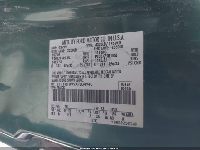 Aukcja sprzedaży 1999 Ford Ranger Xl/xlt, vin: 1FTYR10V9XPB34940, numer aukcji: 45041659