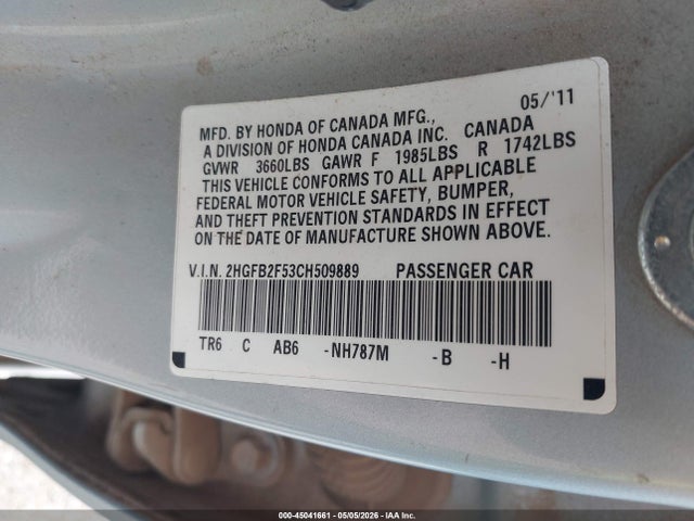 45041661 :رقم المزاد ، 2HGFB2F53CH509889 vin ، 2012 Honda Civic Lx مزاد بيع