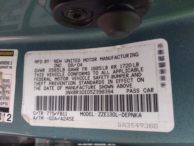 45041663 :رقم المزاد ، 1NXBR32E05Z398394 vin ، 2005 Toyota Corolla Le مزاد بيع