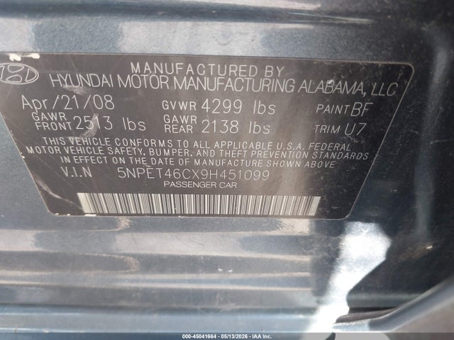 Auction sale of the 2009 Hyundai Sonata Gls, vin: 5NPET46CX9H451099, lot number: 45041664