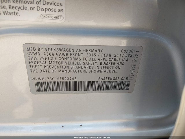 Aukcja sprzedaży 2009 Volkswagen Cc Luxury, vin: WVWHL73C19E523746, numer aukcji: 45041673