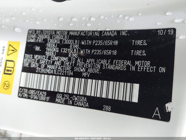 Aukcja sprzedaży 2020 Lexus Rx 350, vin: 2T2HZMDA1LC221194, numer aukcji: 45041674