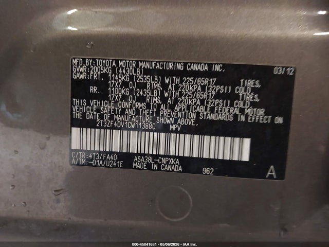 Продажа на аукционе авто 2012 Toyota Rav4, vin: 2T3ZF4DV1CW113880, номер лота: 45041681
