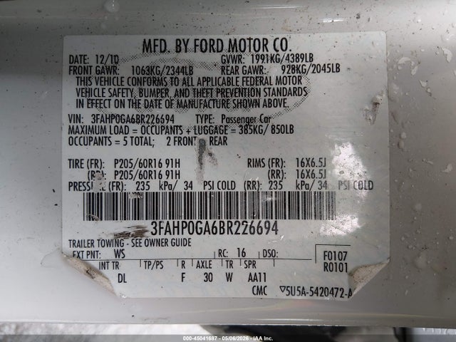 2011 Ford Fusion S მანქანა იყიდება აუქციონზე, vin: 3FAHP0GA6BR226694, აუქციონის ნომერი: 45041687