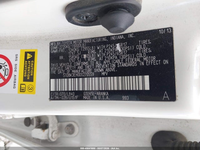 2013 Toyota Highlander Se V6 მანქანა იყიდება აუქციონზე, vin: 5TDBK3EH0DS270559, აუქციონის ნომერი: 45041688