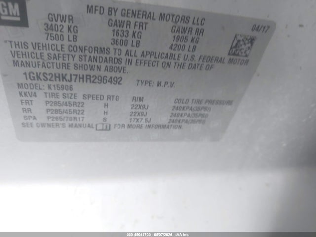 45041700 :رقم المزاد ، 1GKS2HKJ7HR296492 vin ، 2017 Gmc Yukon Xl Denali مزاد بيع