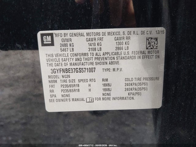45041712 :رقم المزاد ، 3GYFNBE37GS571007 vin ، 2016 Cadillac Srx Luxury Collection مزاد بيع