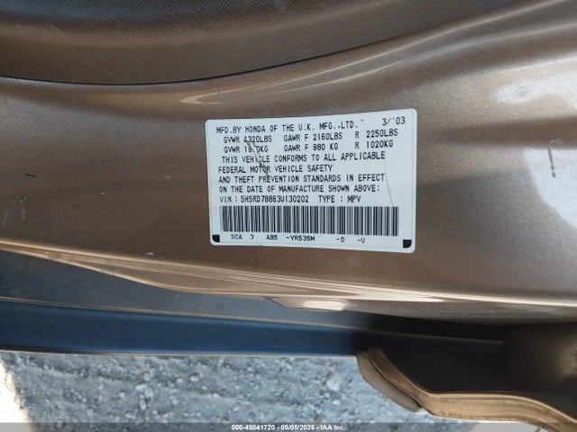 2003 Honda Cr-v Ex მანქანა იყიდება აუქციონზე, vin: SHSRD78863U130202, აუქციონის ნომერი: 45041720