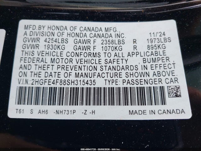 45041725 :رقم المزاد ، 2HGFE4F88SH315435 vin ، 2025 Honda Civic Hybrid Sport/sport Touring مزاد بيع