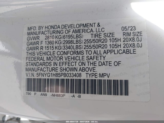 Продаж на аукціоні авто 2023 Honda Pilot Awd Elite, vin: 5FNYG1H85PB033408, номер лоту: 45041729