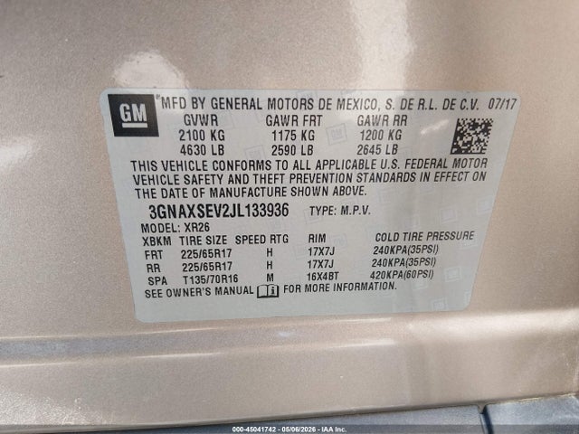 2018 Chevrolet Equinox Lt მანქანა იყიდება აუქციონზე, vin: 3GNAXSEV2JL133936, აუქციონის ნომერი: 45041742
