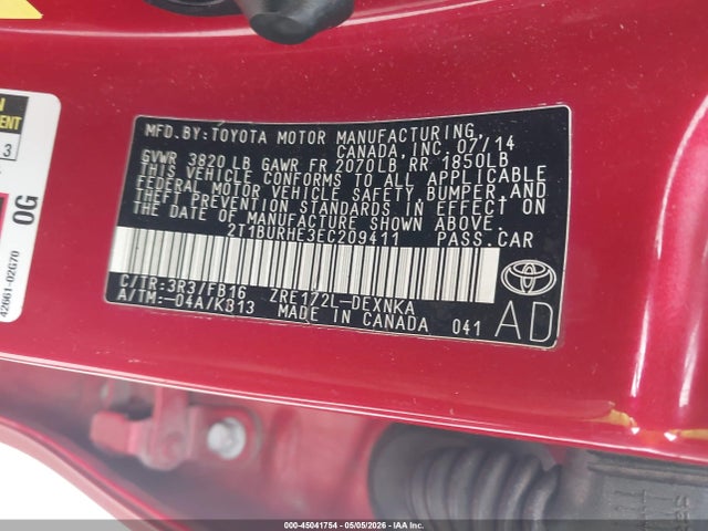 2T1BURHE3EC209411 Toyota COROLLA LE